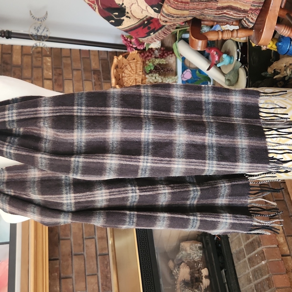 Valentin Fraas Scarf Chocolate Brown And Tan Plaid Cashmere Wool Blend Soft